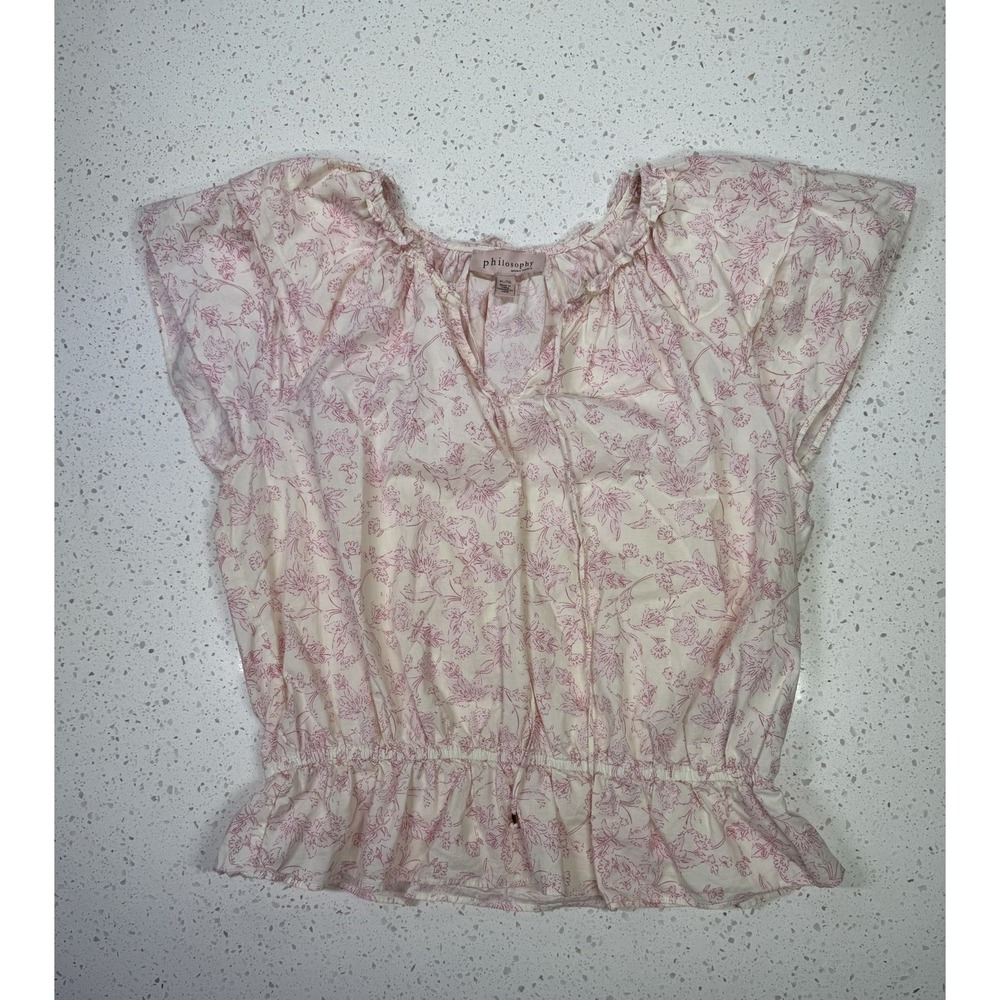 Philosophy Floral Ruffle Drawstring Flutter Sleeve Woven Blouse Ivory Pink XL